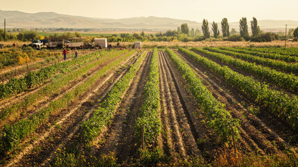 A vibrant farm landscape showcasing rows of crops during harvest season