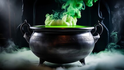 Ornate black cauldron with intricate carvings, glowing neon green liquid, and swirling smoke against a dark background creates an eerie, mystical atmosphere.