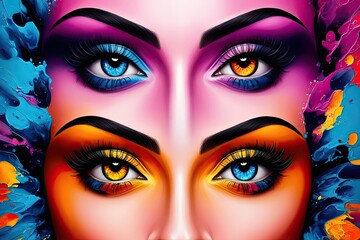 Wall Mural - Vibrant Abstract Painting of Women's Eyes with Bold Colors and Captivating Background