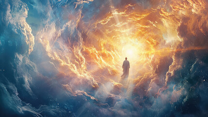 Poster - A serene image of figure surrounded by swirling clouds and radiant light