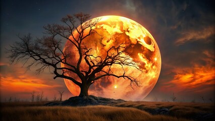 A vibrant orange full moon rises above a spooky dark landscape, casting an eerie glow on skeletal tree branches and twisted autumn foliage on Halloween night.