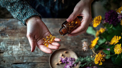 A person pouring pills into their hand from small amber bottle, surrounded by flowers