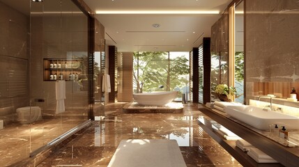 Wall Mural - Modern Luxurious Bathroom Interior with Marble Floors and Large Windows