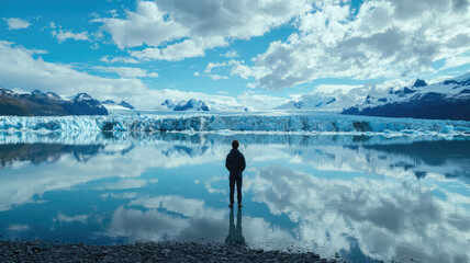 Wall Mural - A person standing in wonder at edge of vast crystal blue glacier