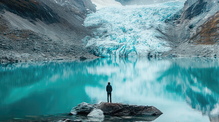 Sticker - A person standing in wonder at edge of vast glacier lake, reflecting beauty