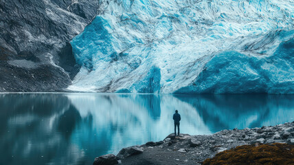 Wall Mural - A person standing in wonder at edge of vast glacier, reflecting on natures beauty