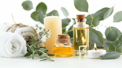 Wall Mural - Spa items including eucalyptus oil and candles on white background Close-up photo with clean background