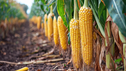 Freshly harvested corn cobs hang from green stalks in vibrant field