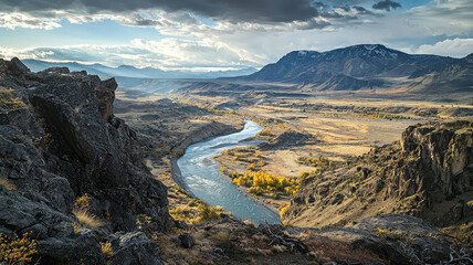 Sticker - A stunning mountain landscape with winding river flowing through valley