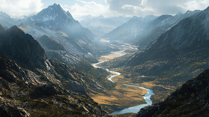 Wall Mural - A rugged mountain landscape with river winding through valley, showcasing natures beauty