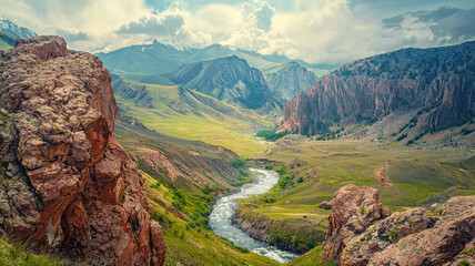 Wall Mural - A rugged mountain landscape with river winding through valley, showcasing natures beauty