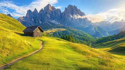 Wall Mural - A serene mountain pasture with small wooden cabin surrounded by lush greenery and majestic peaks