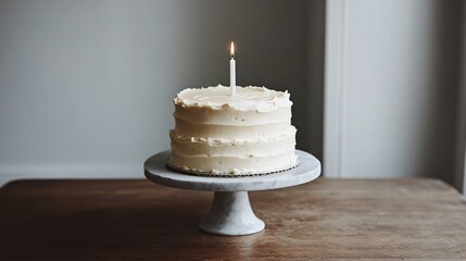 Two-tier minimalist cake with smooth white frosting and one candle on the top tier, placed on a modern cake stand