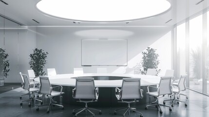 Spacious conference room with a circular table surrounded by modern mesh chairs, a large whiteboard on one side, and bright overhead lighting enhancing the professional atmosphere. 