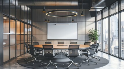 Poster - Spacious conference room with a circular table surrounded by modern mesh chairs, a large whiteboard on one side, and bright overhead lighting enhancing the professional atmosphere. 