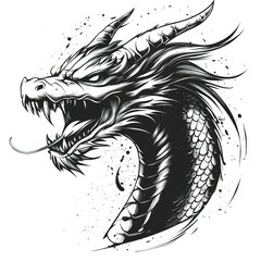 A fierce dragon head with scales and horns is drawn in black and white with an angry expression.