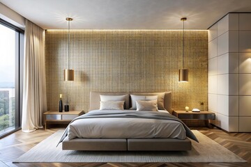 Wall Mural - contemporary bedroom with sleek minimalist aesthetic, mosaic accent wall, gold metalwork details