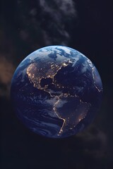a globe of planet earth taken from space. the planet is partially illuminated, with the dark side fa