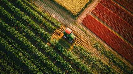 Aerial view of farm during harvest season with vibrant fields