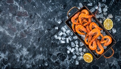 Top view of fresh shrimp on ice in a tray with lemon slices on a dark textured background.