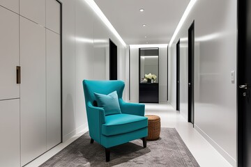 Wall Mural - Stylish Turquoise Armchair in Contemporary Hallway with Clean White Wall Backdrop