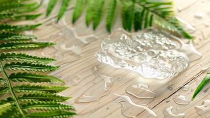 Poster - Transparent gel on a light wooden table with fern leaves Close-up photo with clean background