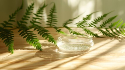 Aufkleber - Transparent gel on a light wooden table with fern leaves Close-up photo with clean background