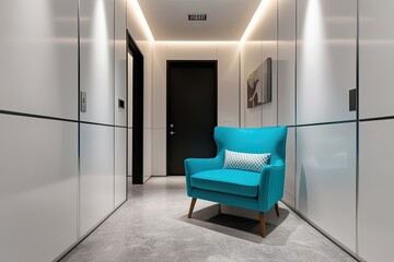 Wall Mural - Stylish Turquoise Armchair in Contemporary Hallway with Clean White Wall Decor