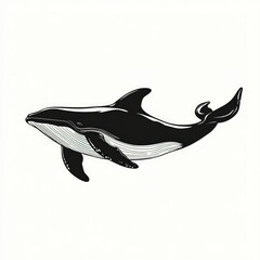 A black and white illustration of a dolphin swimming in the ocean.