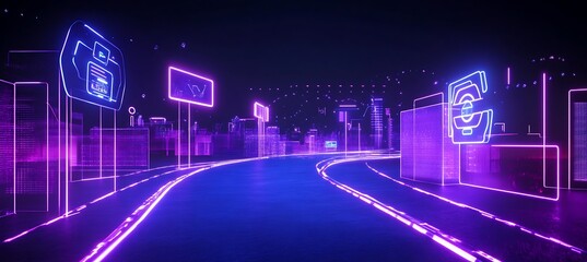Poster - Futuristic Digital Cityscape: Glowing Signage and Interconnected Smart Systems Unveile