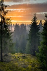 Wall Mural - A sunrise in a dense forest. The sky is painted with warm oranges, yellows, and purples. The forest is filled with tall trees.