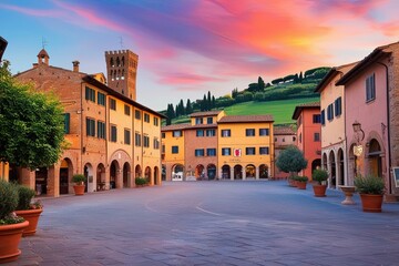 Poster - Stunning Tuscany Village Landscape Colorful Canvas Art of a Charming Town Square