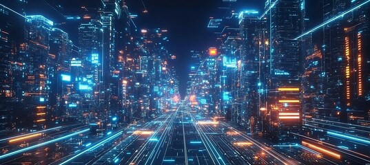 Poster - Cyber Cityscape: Illuminated Pathways and Smart Architecture in a Digital World
