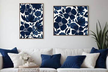 Wall Mural - Indigo Floral Wall Art with Navy Blue Flowers for Bohemian Home Decor