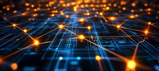 Poster - a digital landscape with interconnected smart buildings and neon-lit pathways