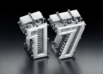 Aufkleber - The Number Seventeen. 3D digits designed in a modern steampunk style and composed together to the number 17 on a reflective dark background. 3d rendering graphics in isometric projection.