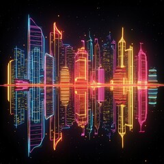 A vibrant, neon cityscape reflected in water, creating a symmetrical and futuristic design.