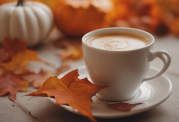 A cup of pumpkin chai latte orange background and autumn leaves