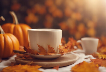 A cup of pumpkin chai latte orange background and autumn leaves