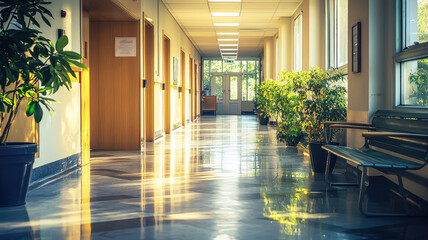 Poster - A calm, serene corridor in psychiatric hospital with natural light
