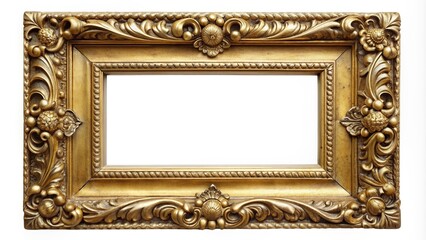 Gold antique frame isolated on a white background in a worm s eye view, classic, vintage, art, decoration, elegant, old, luxury, antique, retro, frame, isolated, golden