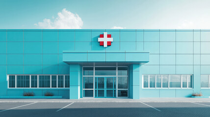 A modern rural hospital building with bright blue exterior and red cross symbol