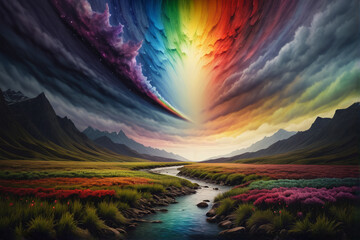 Wall Mural - landscape with rainbow, abstral background with paint