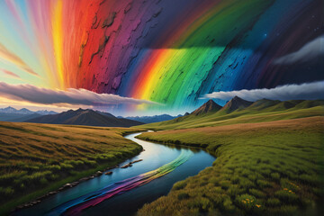 Poster - landscape with rainbow, abstral background with paint