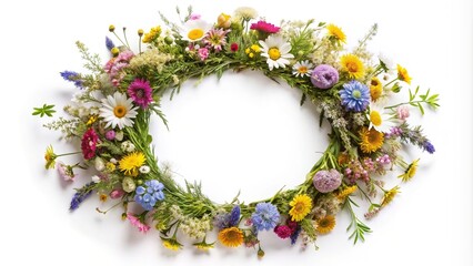 Wall Mural - Summer wreath of wildflowers isolated on white background close up, bloom, seasonal, arrangement, decoration, white background, flowers, fresh, floral, wreath, handmade, isolated, close-up