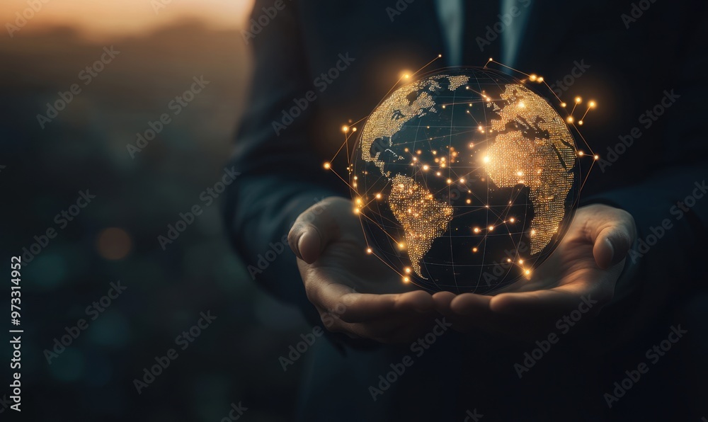 Businessman holding a map of global network and social media icons on a ...