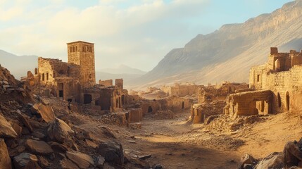 A deserted village nestled in a mountainous valley, the sun casts long shadows across the crumbling structures.