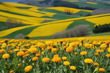 Wall Mural - Vibrant Spring Landscape Featuring Colorful Marigold Flowers in Rolling Countryside Valleys