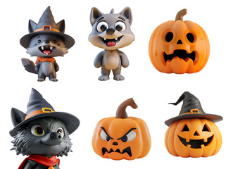 Wall Mural - Halloween Party for Kids: Cute, Funny 3D Cartoon Illustration of Werewolf and Pumpkin, Isolated on Transparent Background, PNG