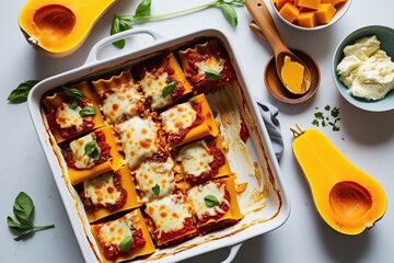 Wall Mural - Delicious Butternut Squash Lasagna with Herb Cheese and Creamy Layers on White Background